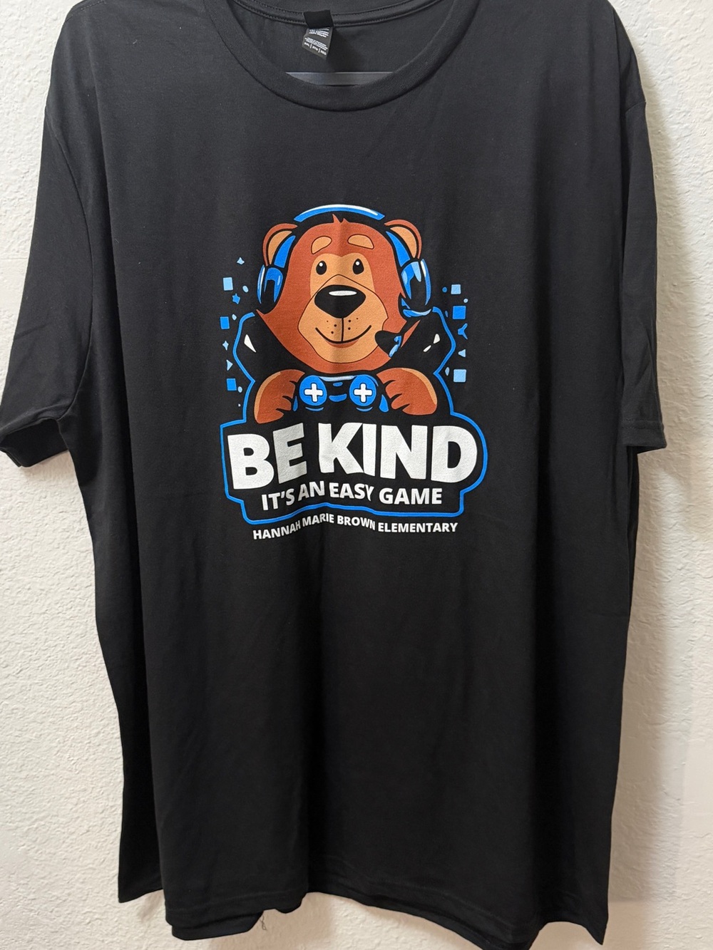 District Black Tee with Brown Bear and Blue Gaming Accents